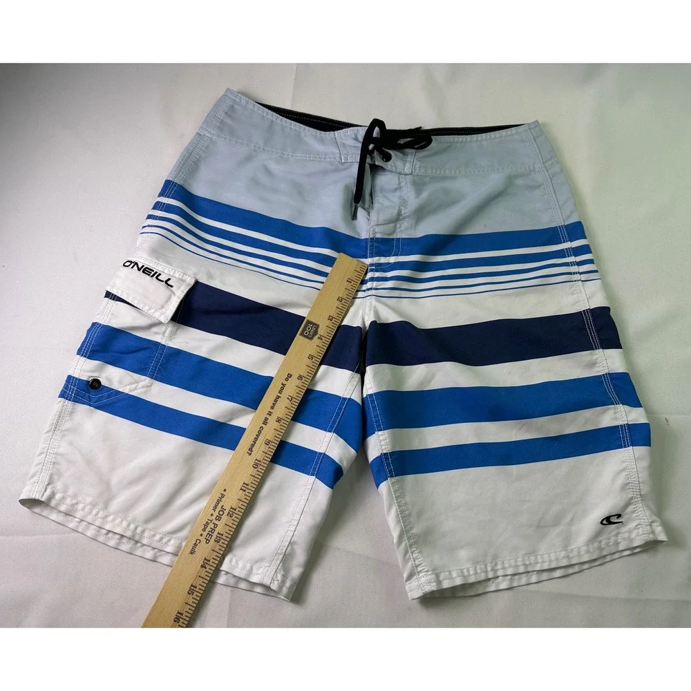 O'Neill Mens Sz 32 Board Shorts Blue White Striped Surf Swim Trunks Cargo Pocket